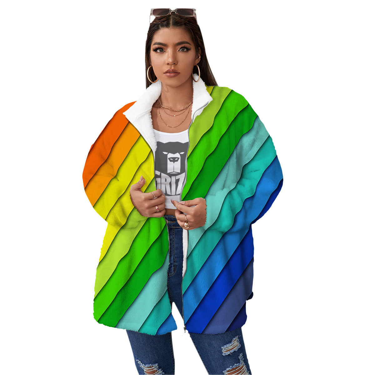 Lines Rainbow Diagonal Print Pattern Women's Sherpa Jacket-grizzshop