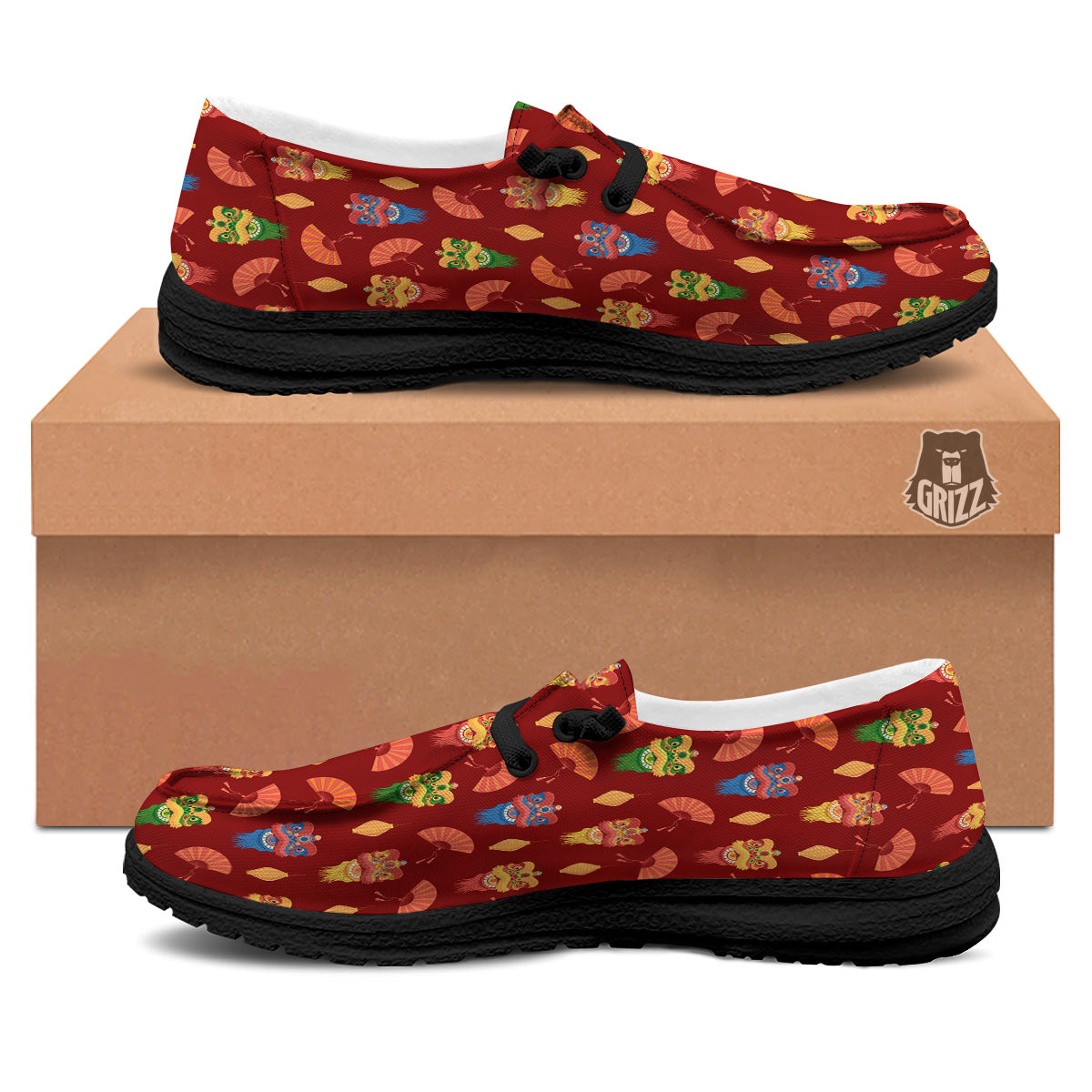 Lion Dance Chinese New Years Print Pattern Black Loafers-grizzshop