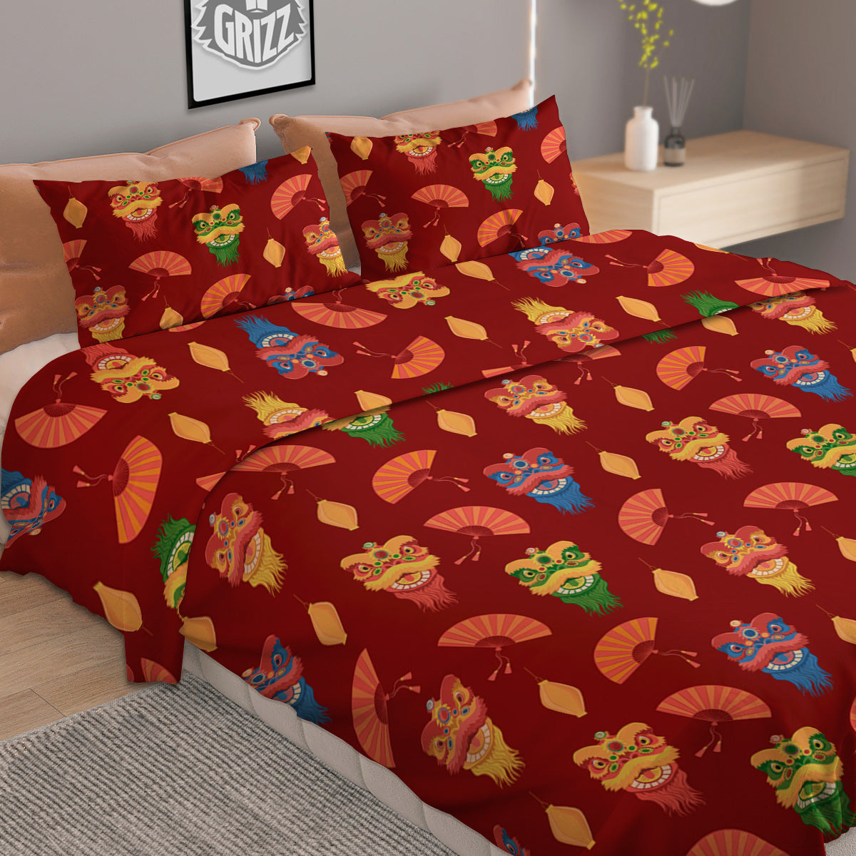 Lion Dance Chinese New Years Print Pattern Duvet Cover Bedding Set
