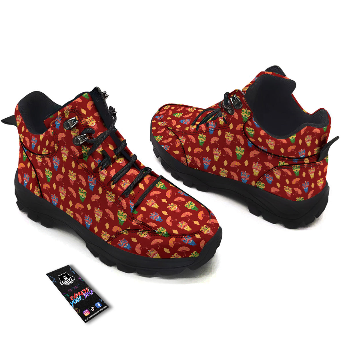 Lion Dance Chinese New Years Print Pattern Hiking Shoes-grizzshop