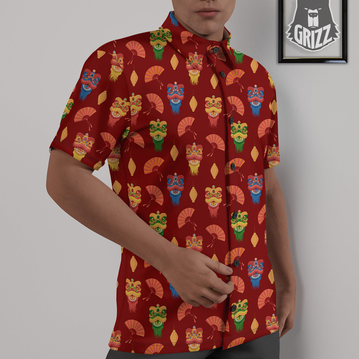 Lion Dance Chinese New Years Print Pattern Untucked Shirts-grizzshop