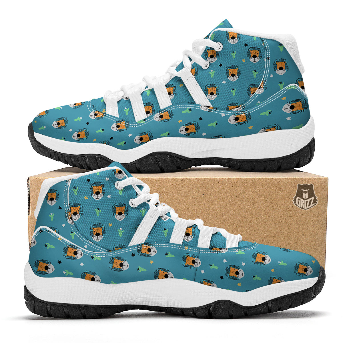 Lion Head Cartoon Print Pattern White Bball Shoes-grizzshop