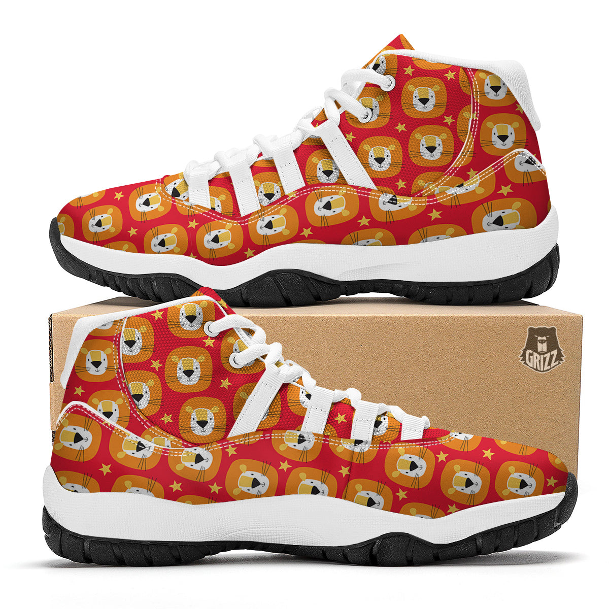 Lion Head Red Print Pattern White Bball Shoes-grizzshop