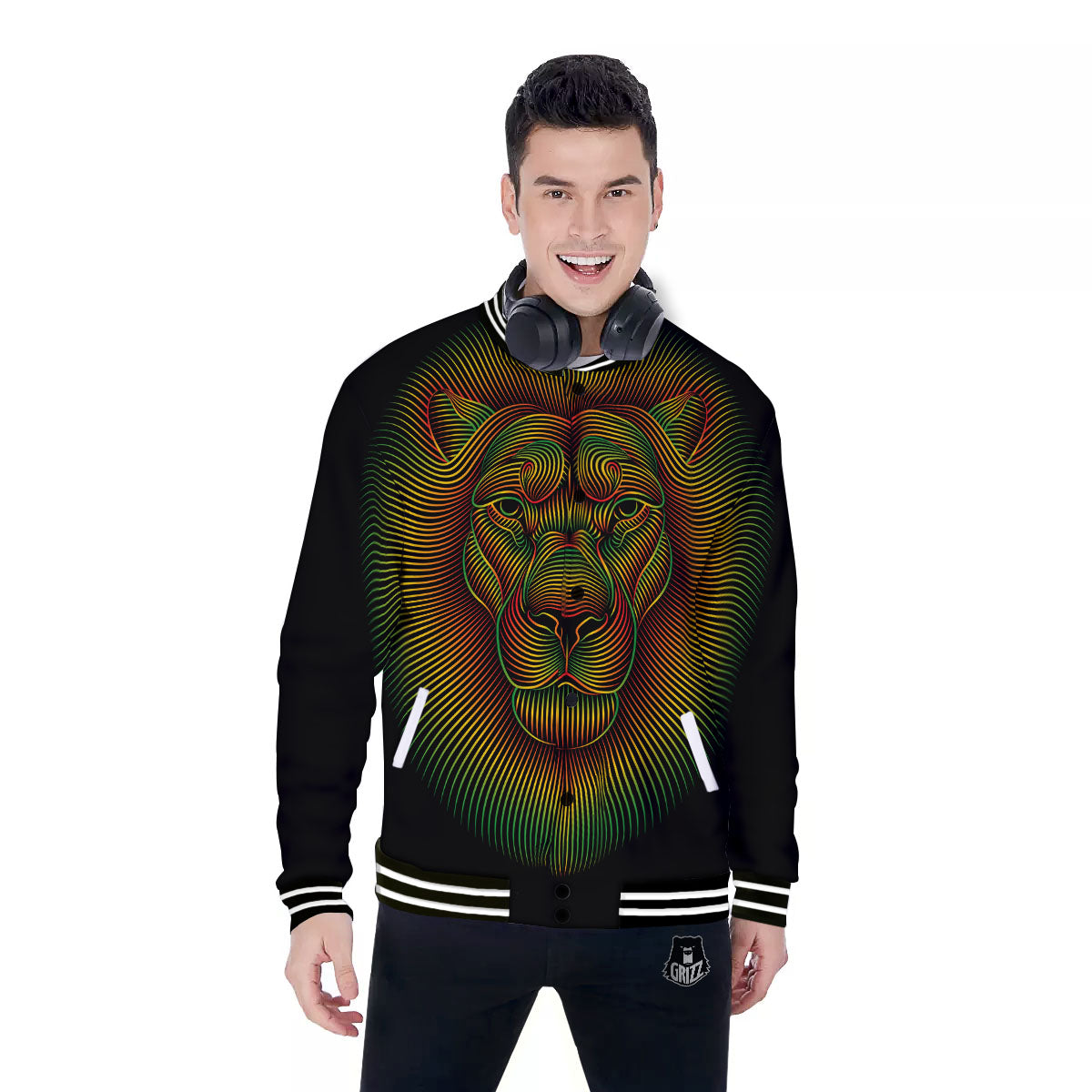 Lion Rasta Print Baseball Jacket-grizzshop