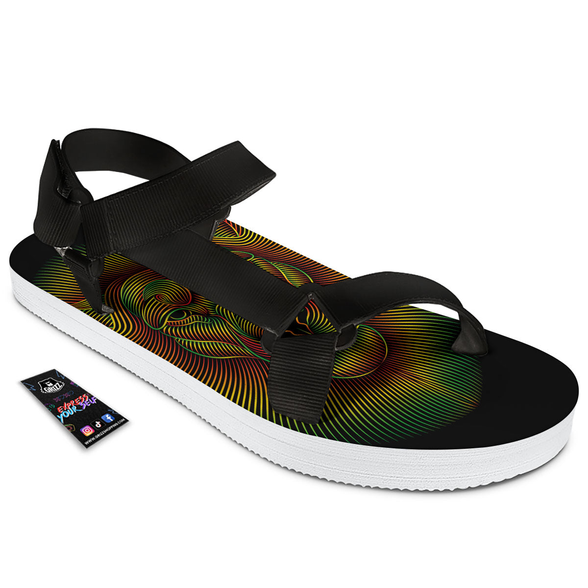 Lion Rasta Print Black Open Toe Sandals-grizzshop