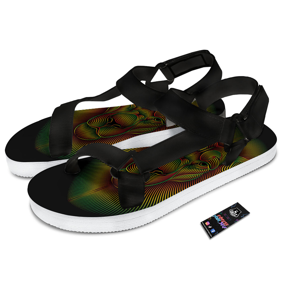 Lion Rasta Print Black Open Toe Sandals-grizzshop