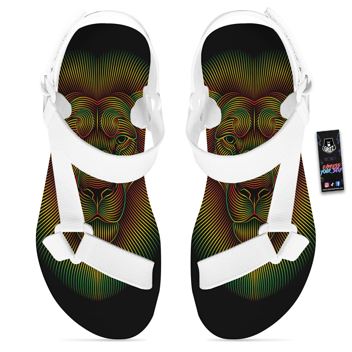 Lion Rasta Print White Open Toe Sandals-grizzshop