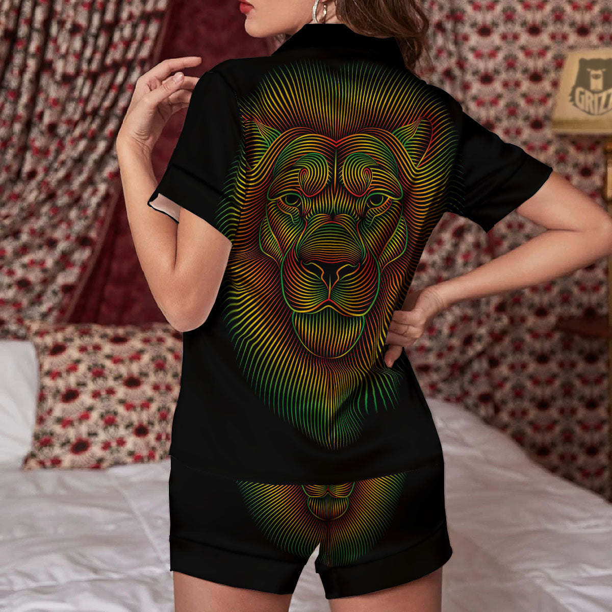Lion Rasta Print Women Silk Pajamas-grizzshop