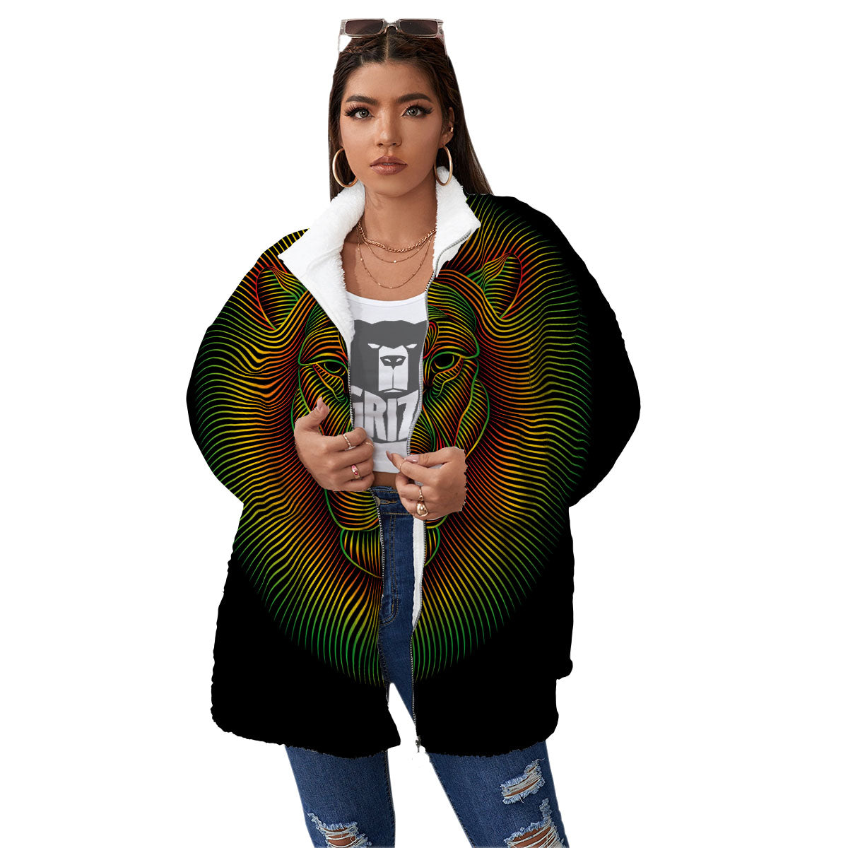 Lion Rasta Print Women's Sherpa Jacket-grizzshop