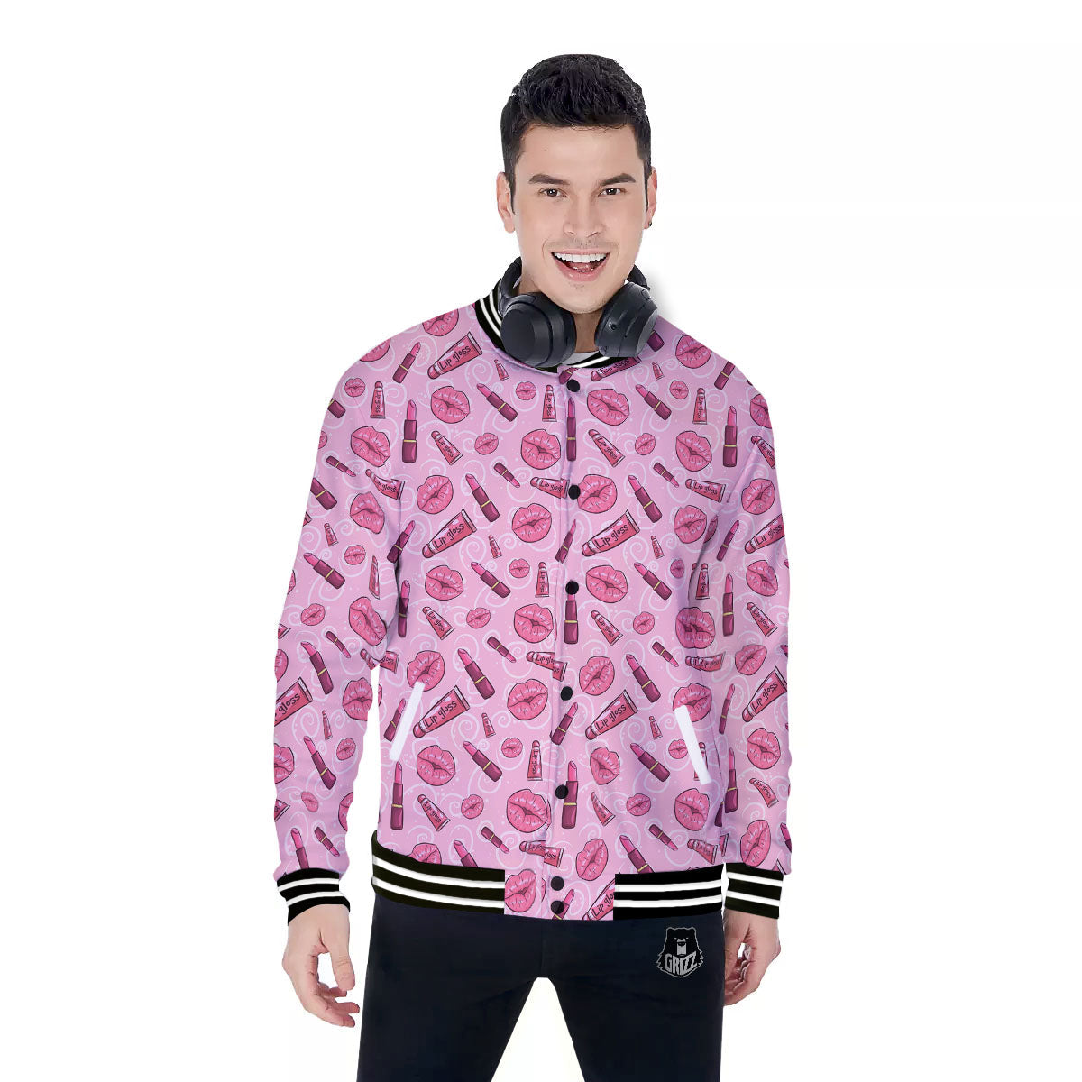 Lips Funky Kiss Print Pattern Baseball Jacket-grizzshop