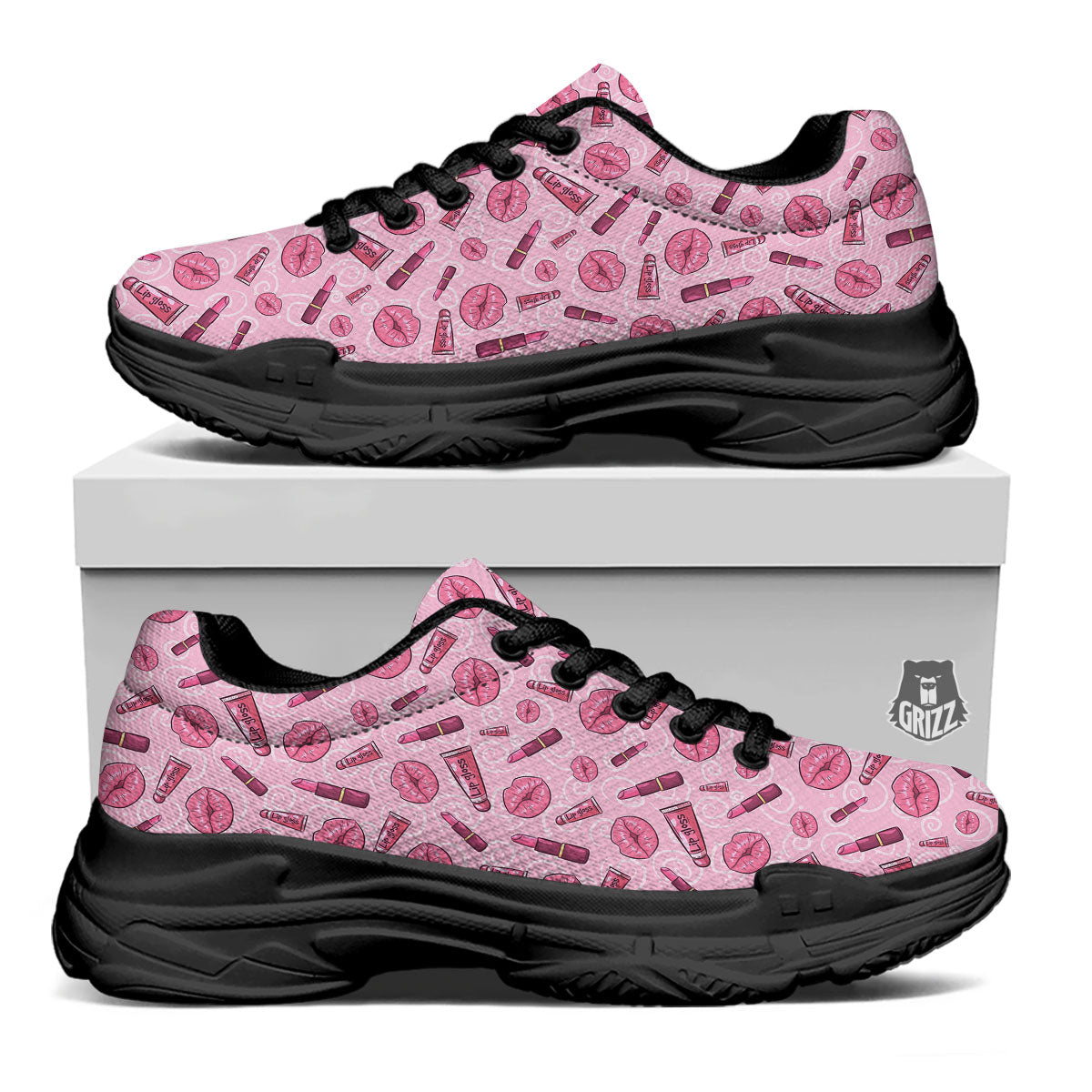 Lips Funky Kiss Print Pattern Black Chunky Shoes-grizzshop