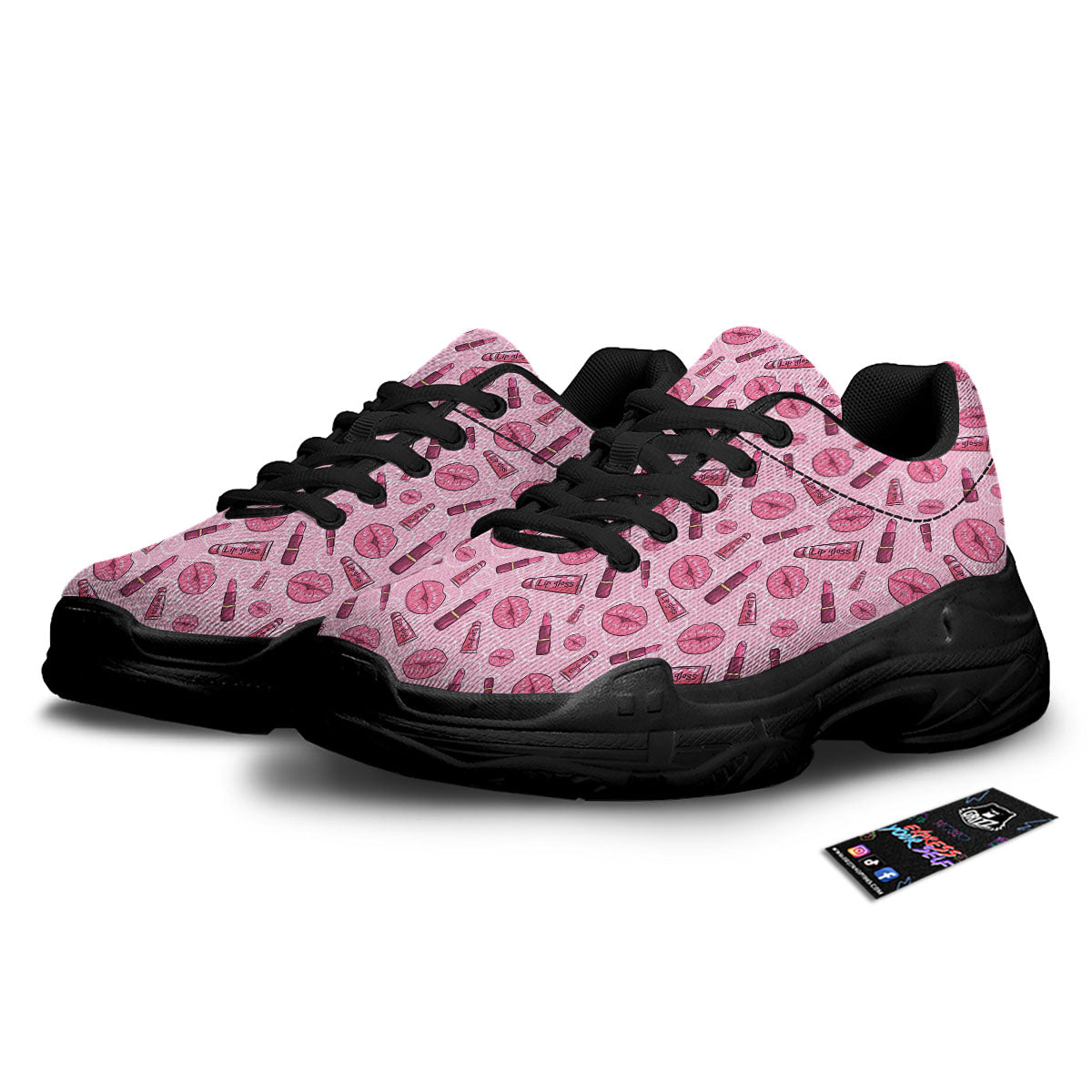 Lips Funky Kiss Print Pattern Black Chunky Shoes-grizzshop