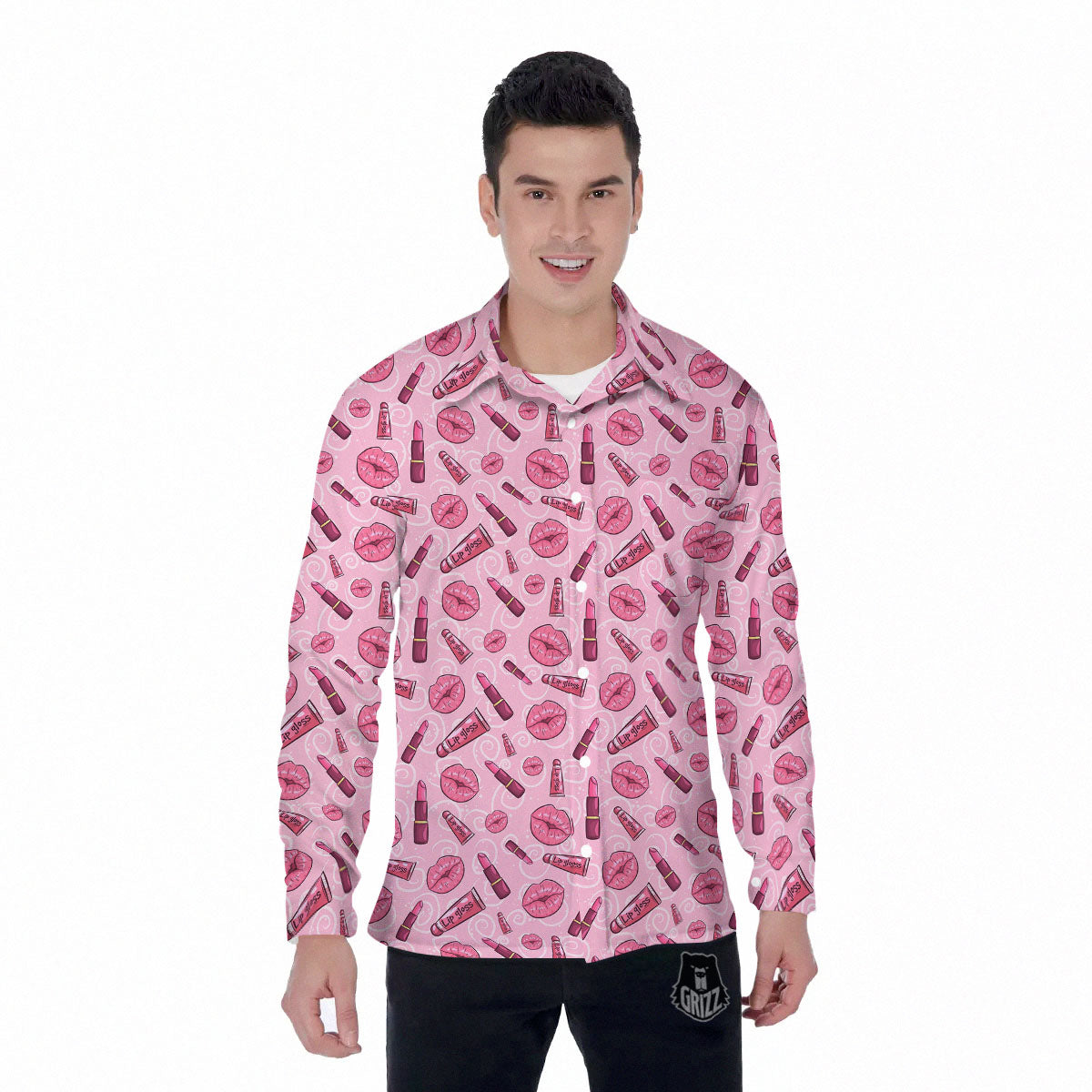 Lips Funky Kiss Print Pattern Men's Long Sleeve Shirts-grizzshop