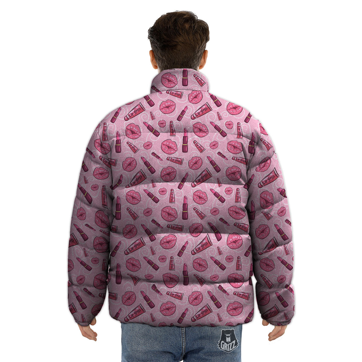 Lips Funky Kiss Print Pattern Puffer Jacket-grizzshop