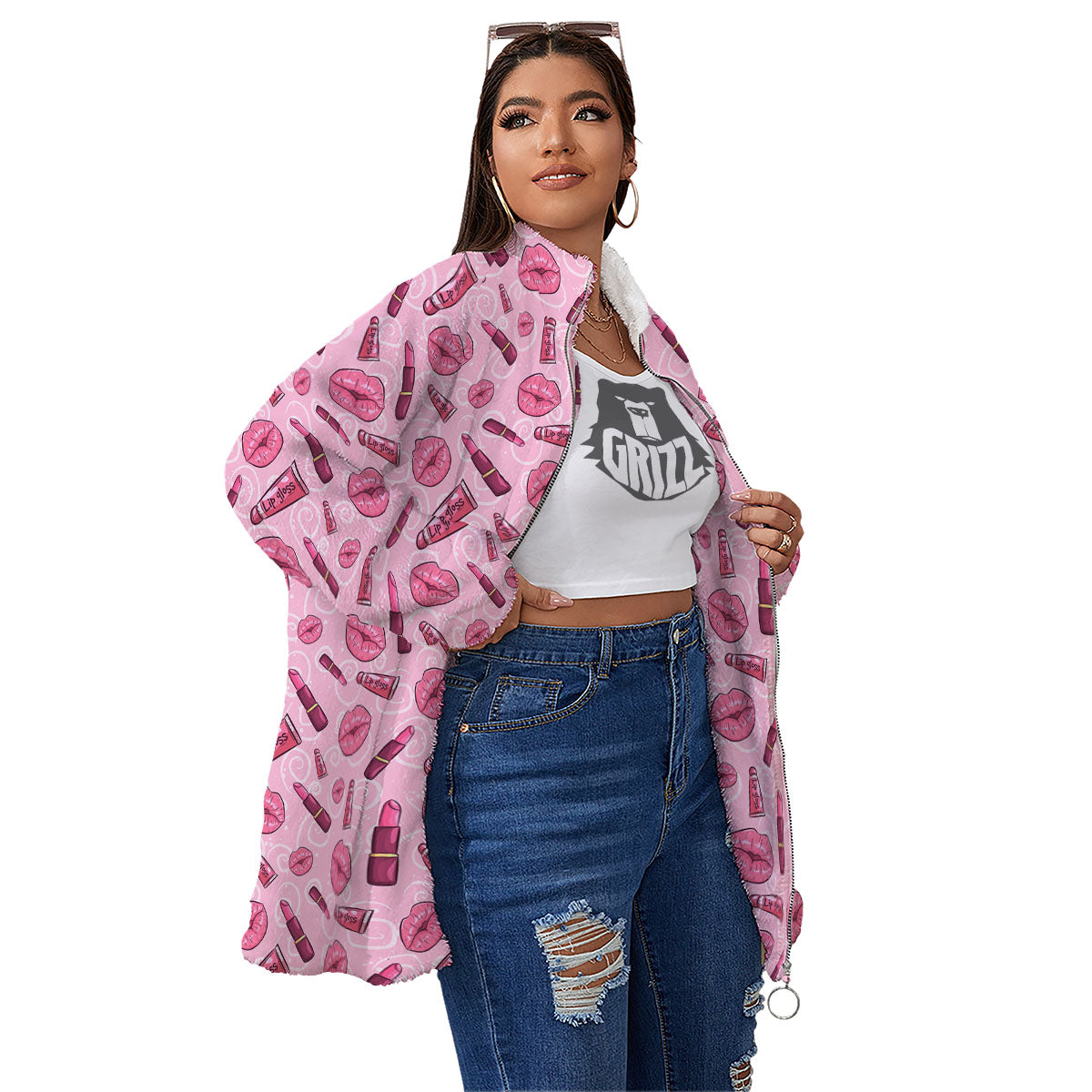 Lips Funky Kiss Print Pattern Women's Sherpa Jacket-grizzshop