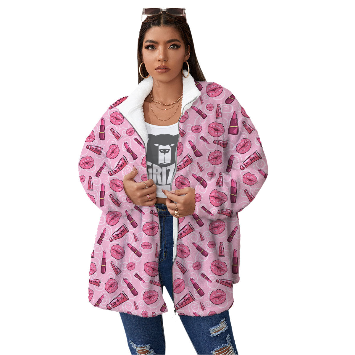 Lips Funky Kiss Print Pattern Women's Sherpa Jacket-grizzshop