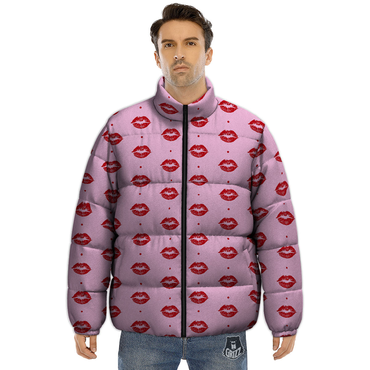 Lips Pink And Red Print Pattern Puffer Jacket-grizzshop