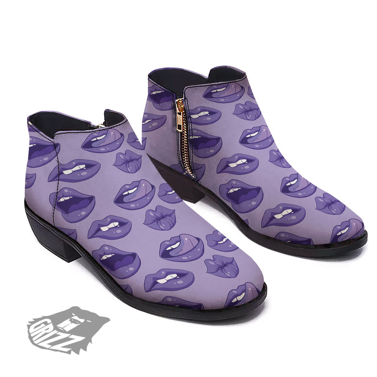 Lips Purple Print Pattern Ankle Boots-grizzshop