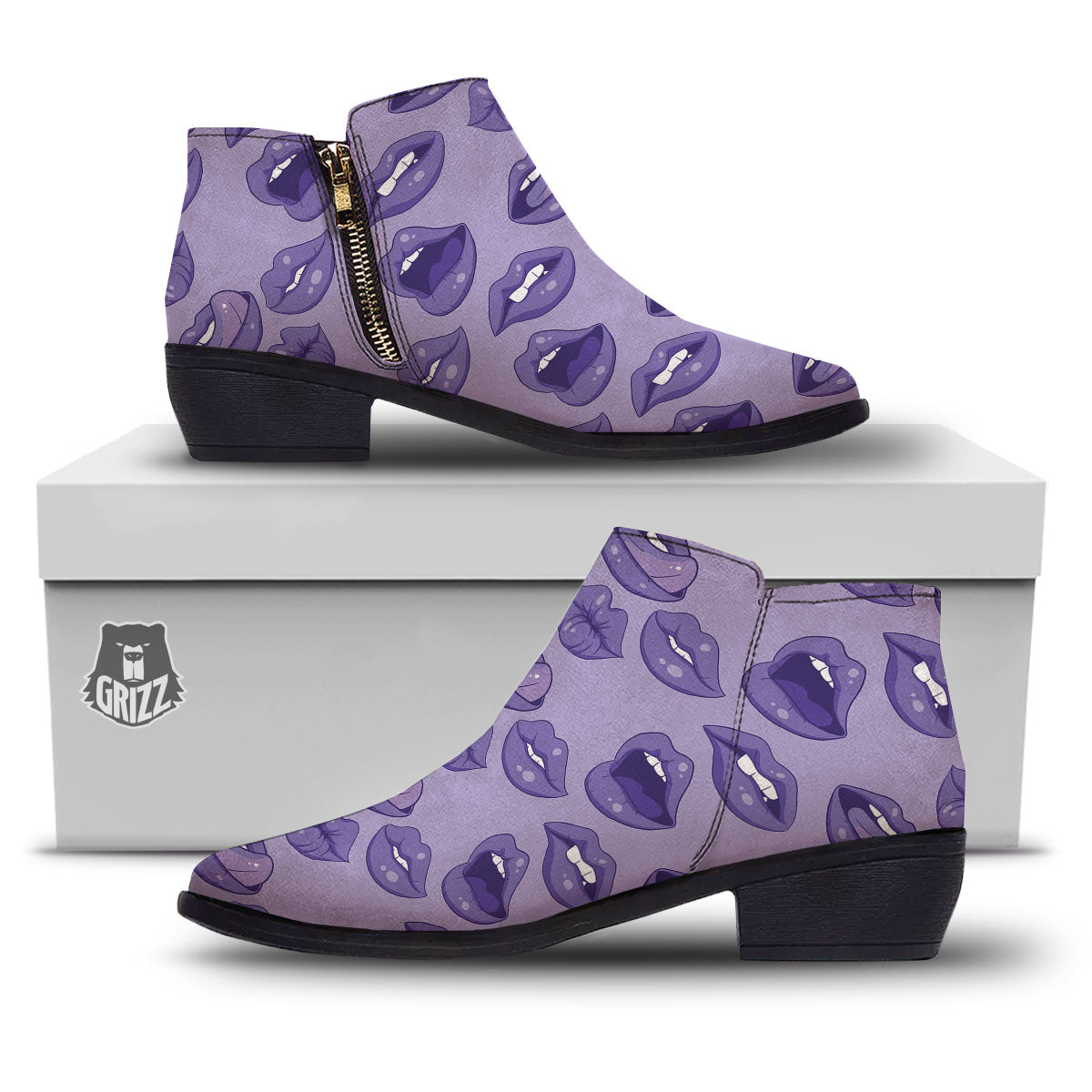 Lips Purple Print Pattern Ankle Boots-grizzshop