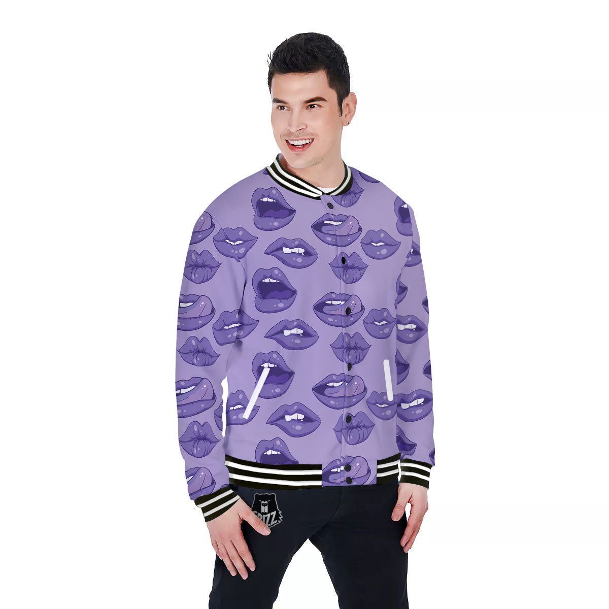 Lips Purple Print Pattern Baseball Jacket-grizzshop