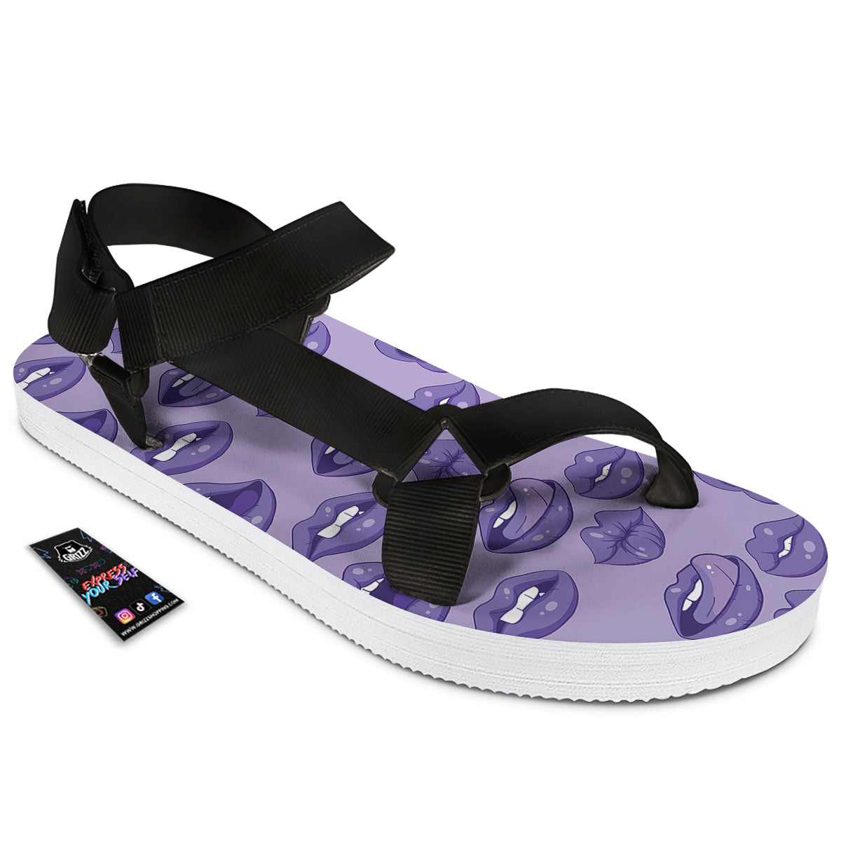 Lips Purple Print Pattern Black Open Toe Sandals-grizzshop