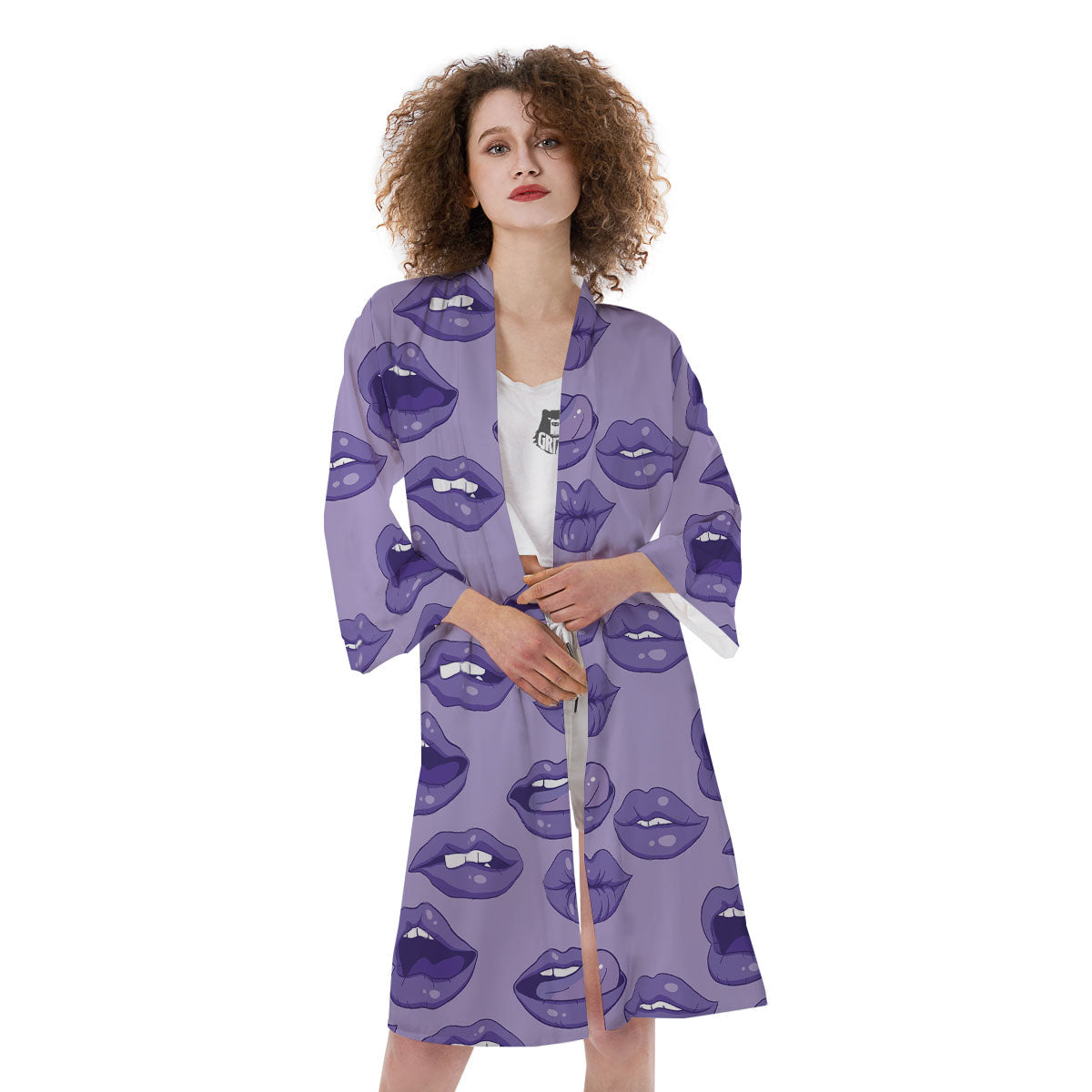 Lips Purple Print Pattern Kimono-grizzshop