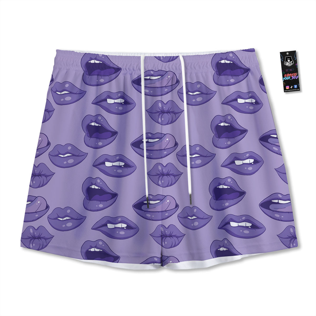Lips Purple Print Pattern Mesh Shorts-grizzshop