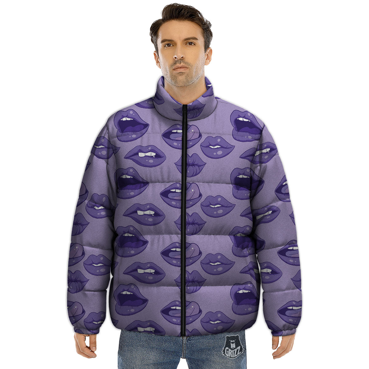 Lips Purple Print Pattern Puffer Jacket-grizzshop