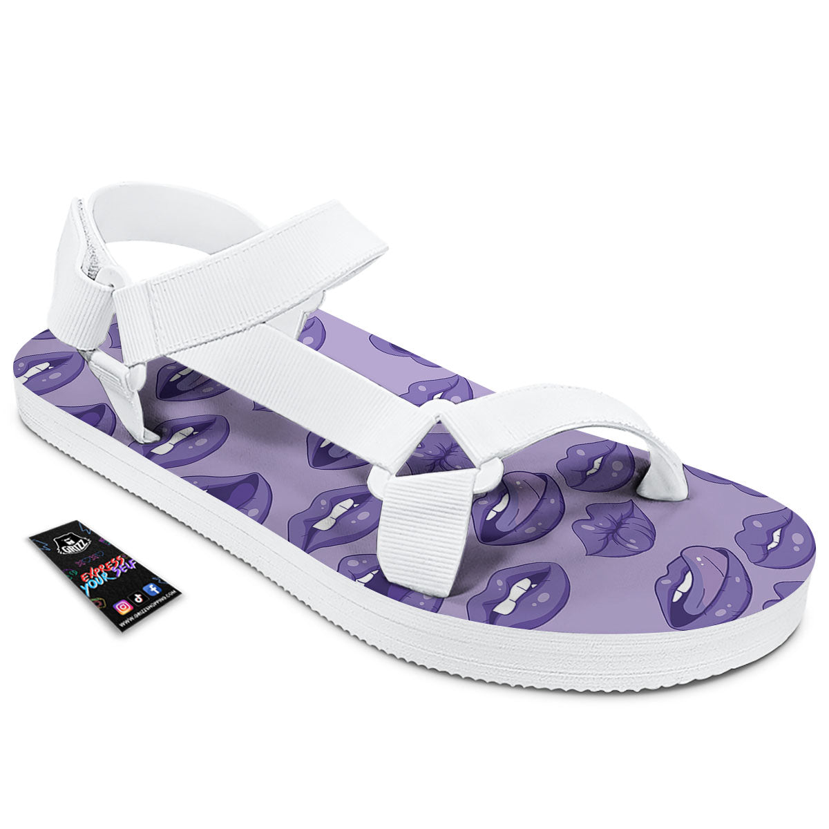 Lips Purple Print Pattern White Open Toe Sandals-grizzshop