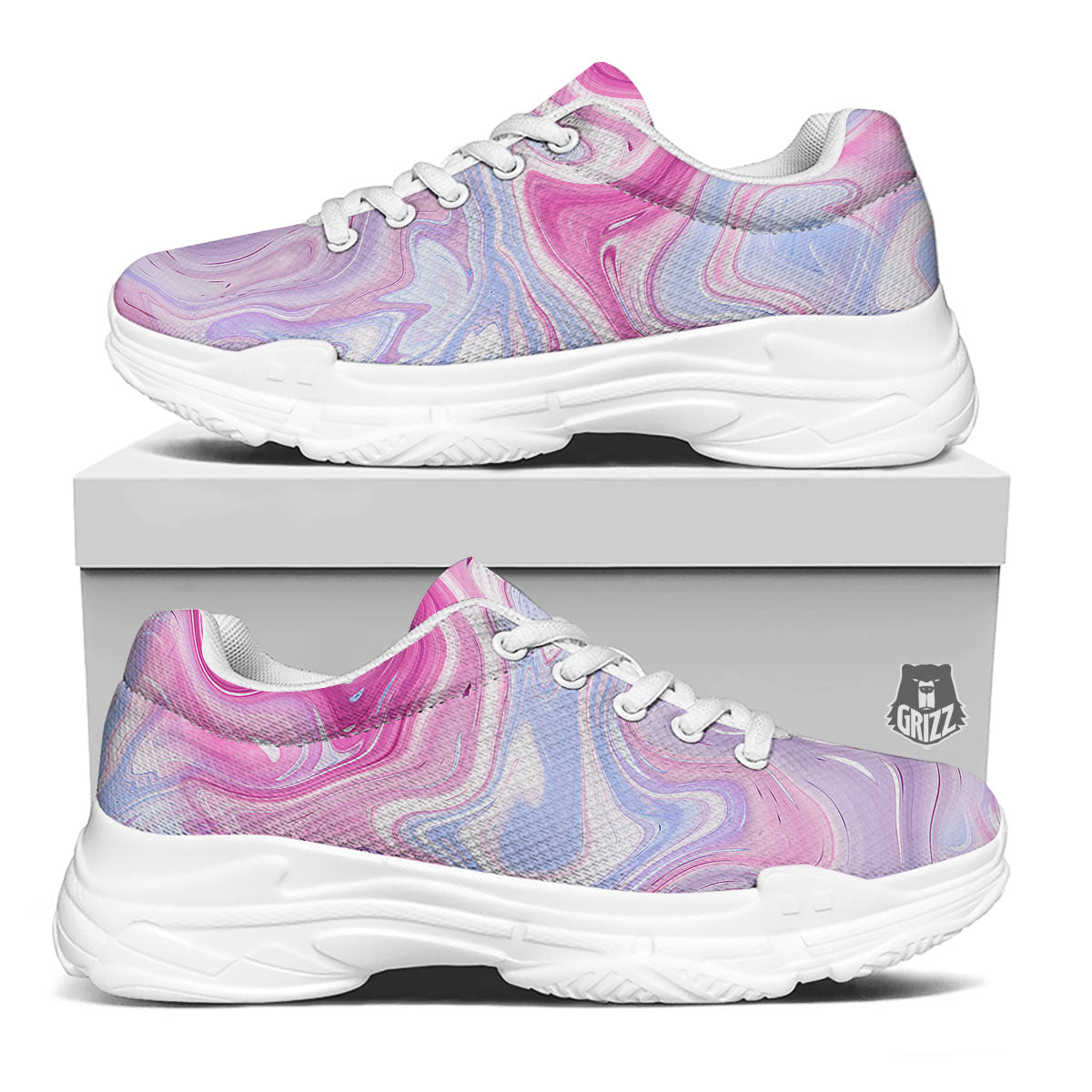 Liquid And Fluid Marble Pink Print White Chunky Shoes-grizzshop
