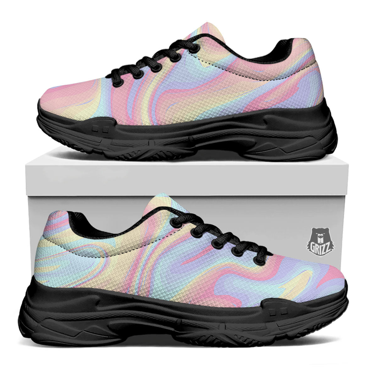 Liquid And Marble Pastel Print Black Chunky Shoes-grizzshop