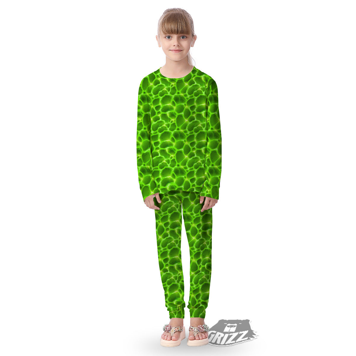 Liquid Lava Green Neon Print Pattern Kid's Pajamas-grizzshop
