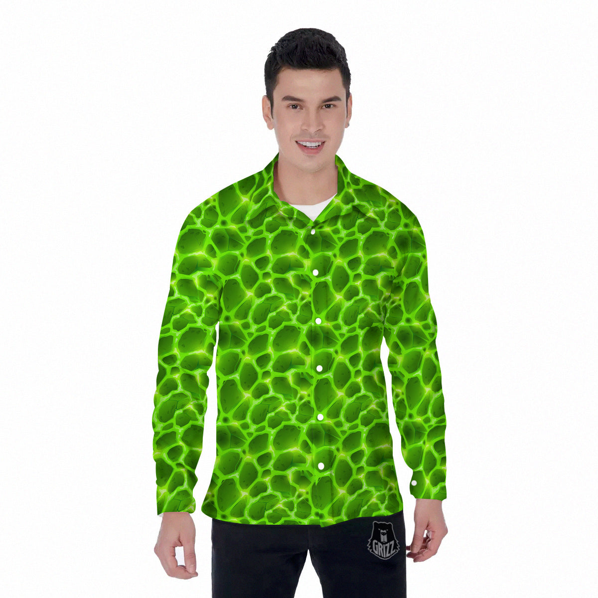 Liquid Lava Green Neon Print Pattern Men's Long Sleeve Shirts-grizzshop