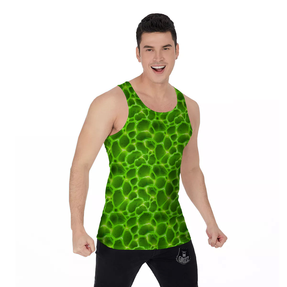Liquid Lava Green Neon Print Pattern Men's Tank Top-grizzshop