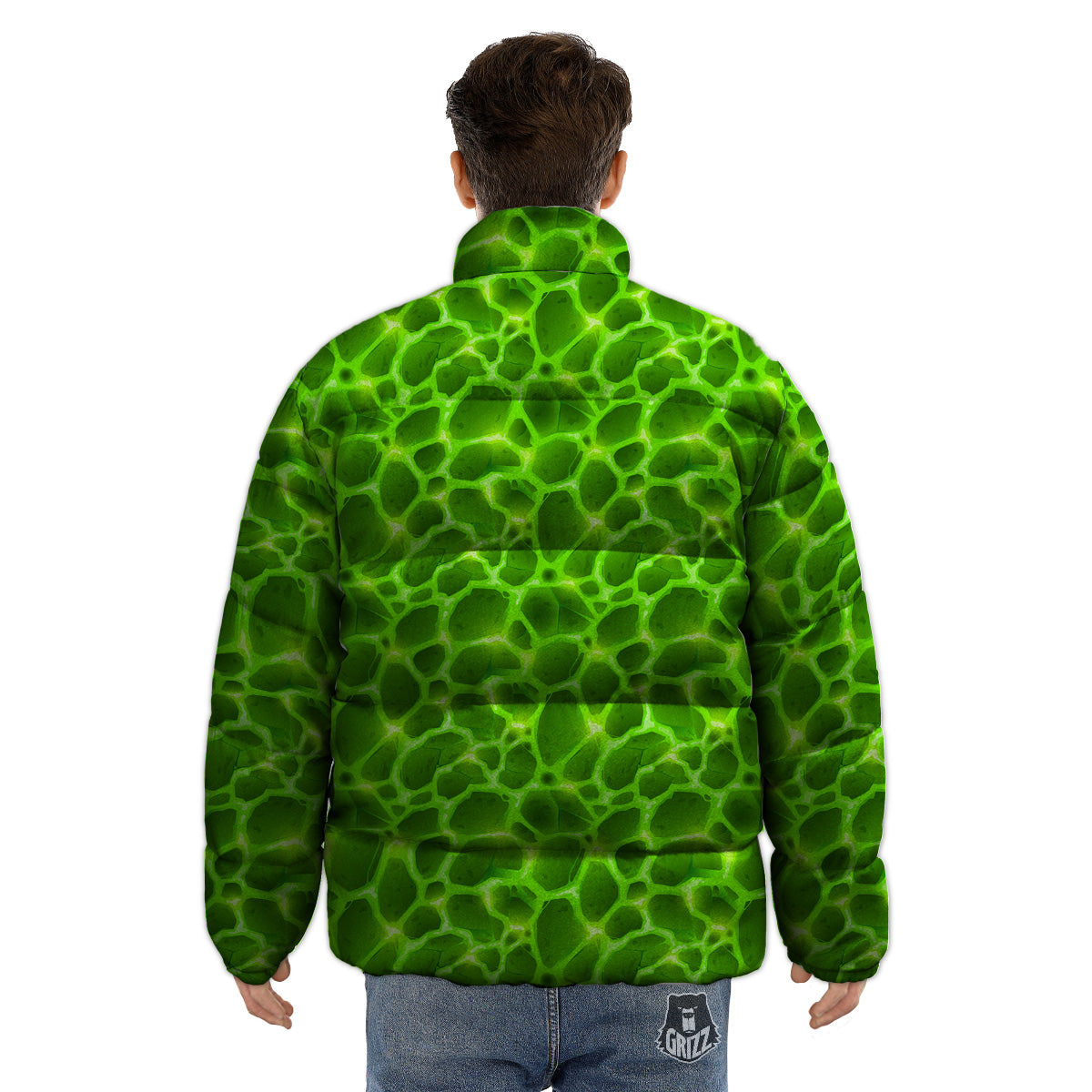 Liquid Lava Green Neon Print Pattern Puffer Jacket-grizzshop