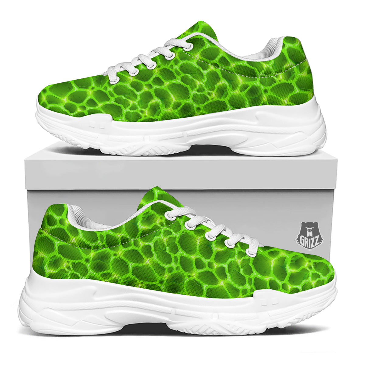 Liquid Lava Green Neon Print Pattern White Chunky Shoes-grizzshop