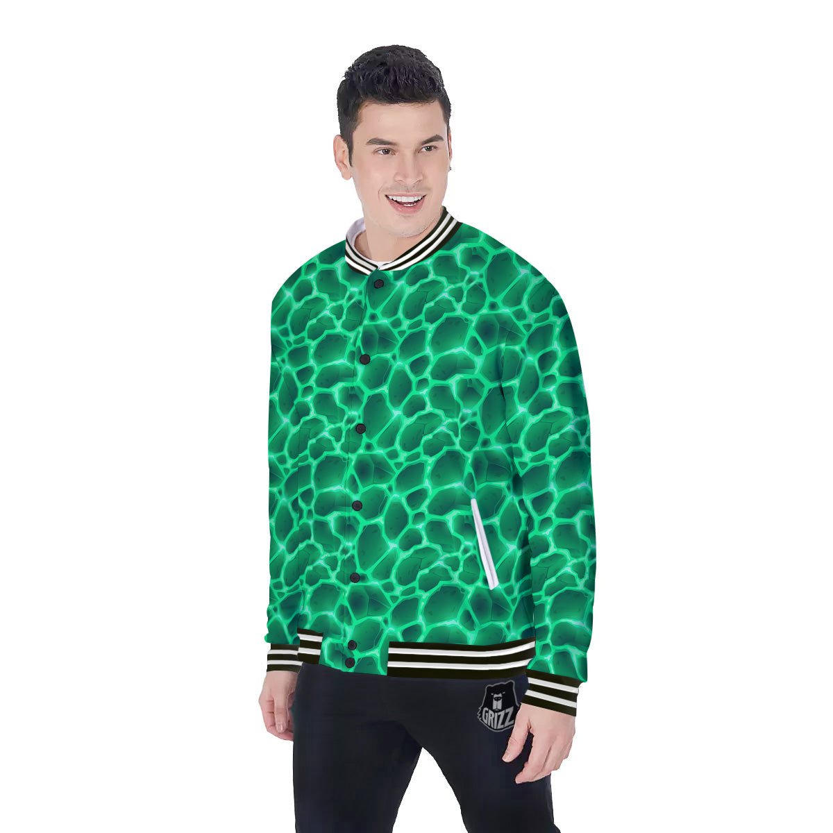 Liquid Lava Green Print Pattern Baseball Jacket-grizzshop