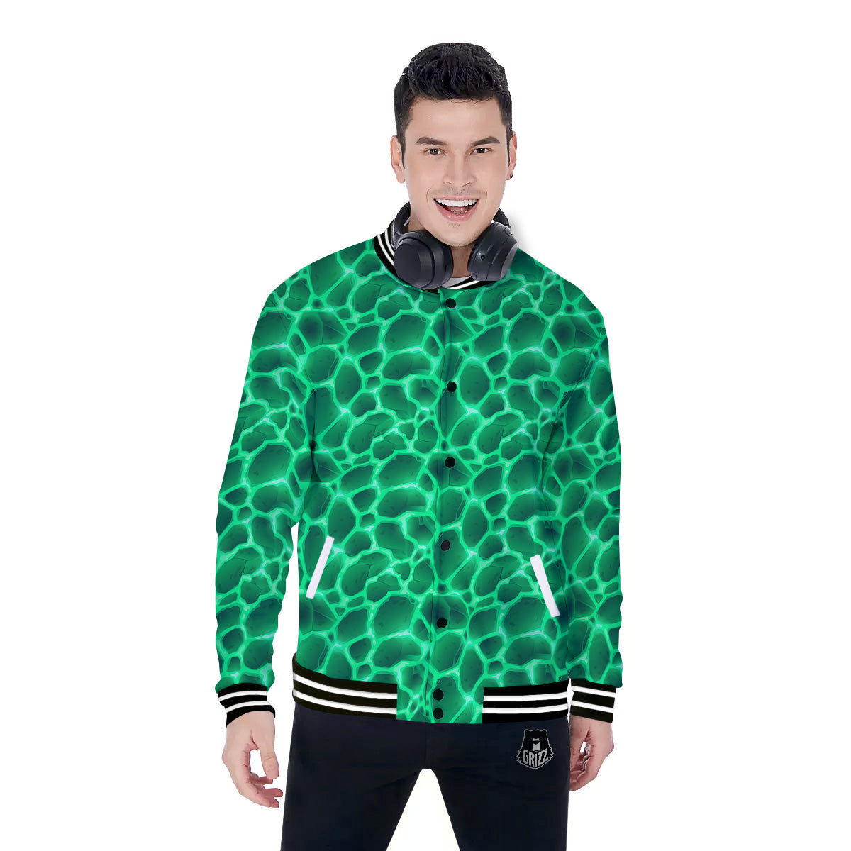 Liquid Lava Green Print Pattern Baseball Jacket-grizzshop