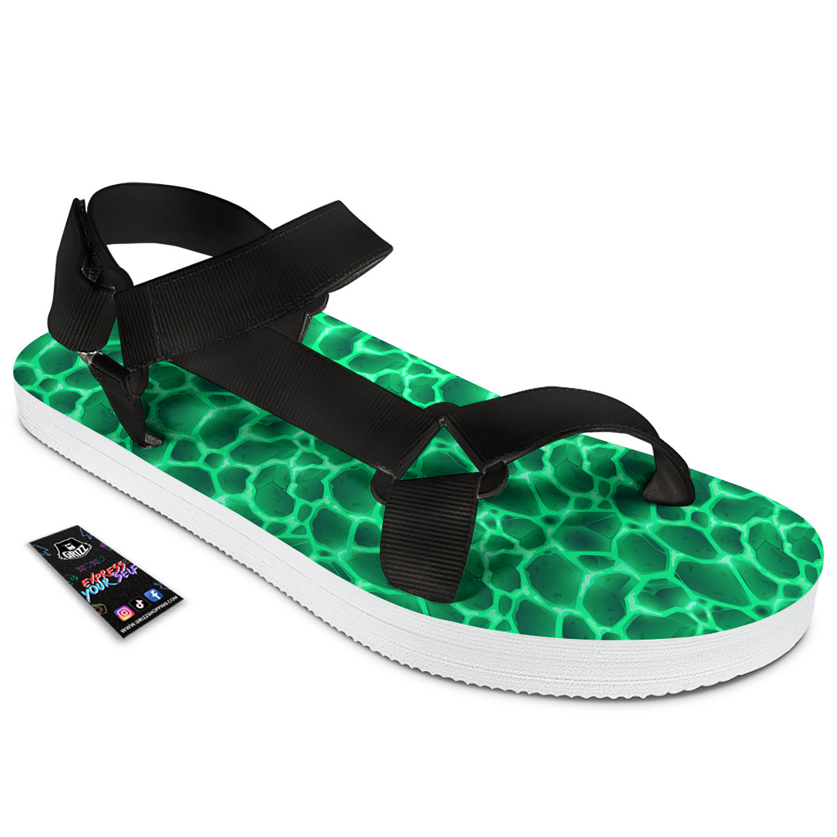 Liquid Lava Green Print Pattern Black Open Toe Sandals-grizzshop