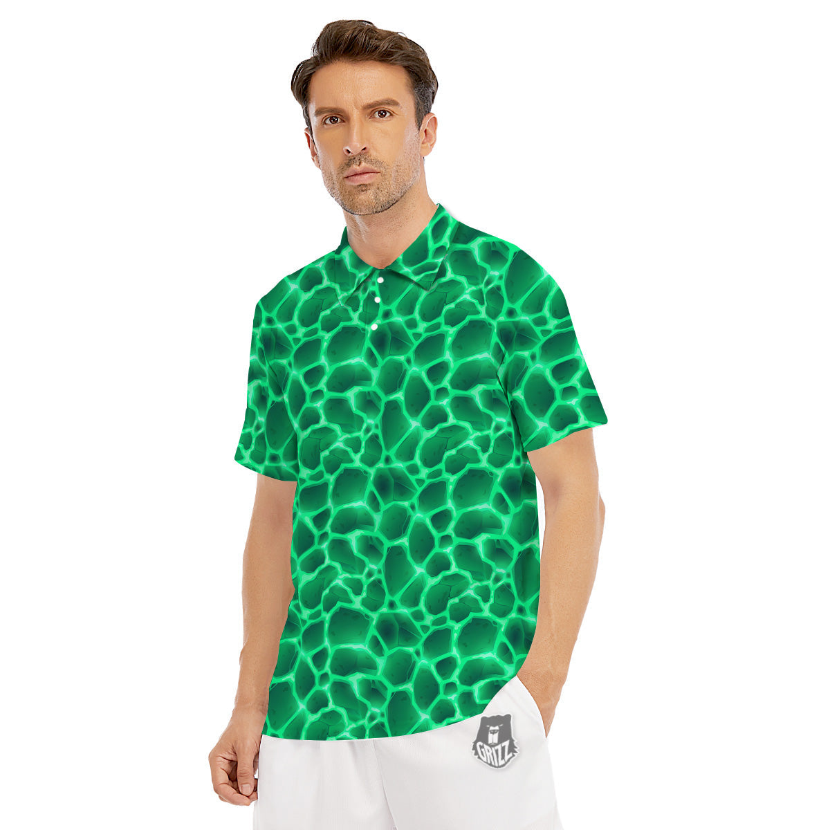 Liquid Lava Green Print Pattern Men's Golf Shirts-grizzshop