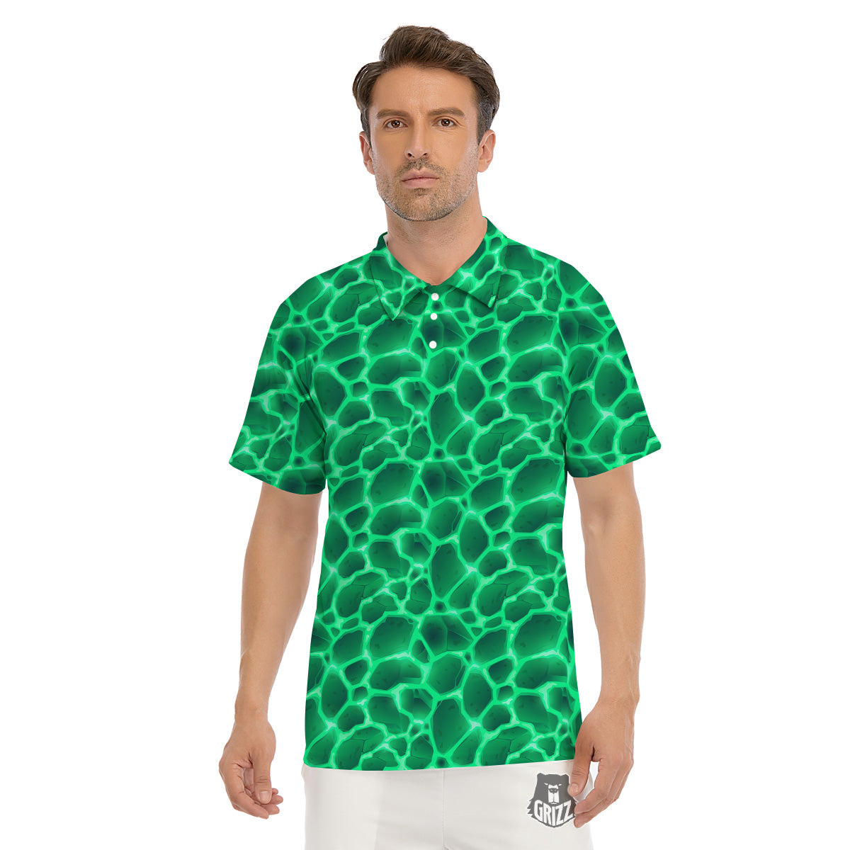 Liquid Lava Green Print Pattern Men's Golf Shirts-grizzshop