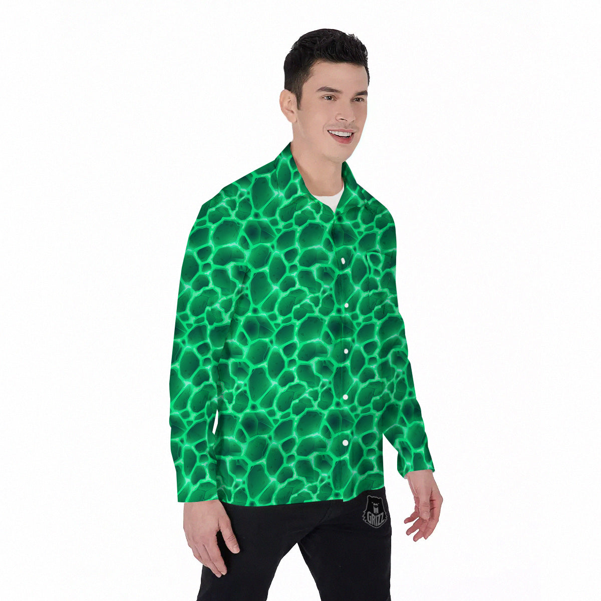 Liquid Lava Green Print Pattern Men's Long Sleeve Shirts-grizzshop