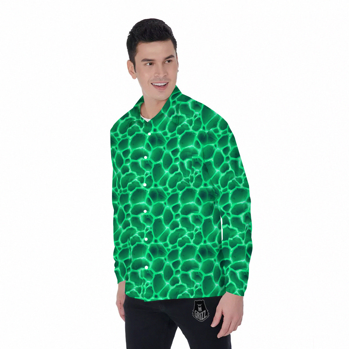 Liquid Lava Green Print Pattern Men's Long Sleeve Shirts-grizzshop