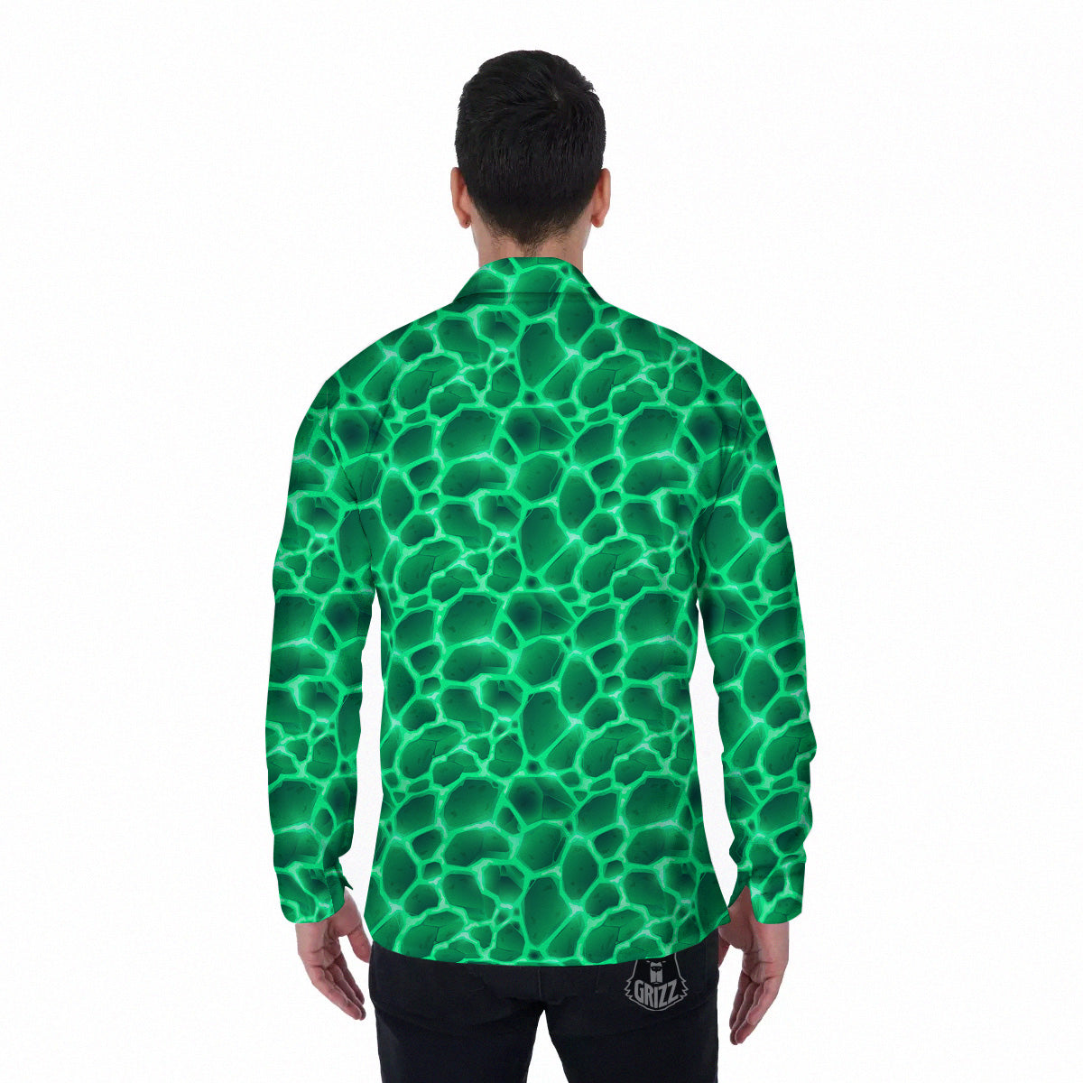 Liquid Lava Green Print Pattern Men's Long Sleeve Shirts-grizzshop
