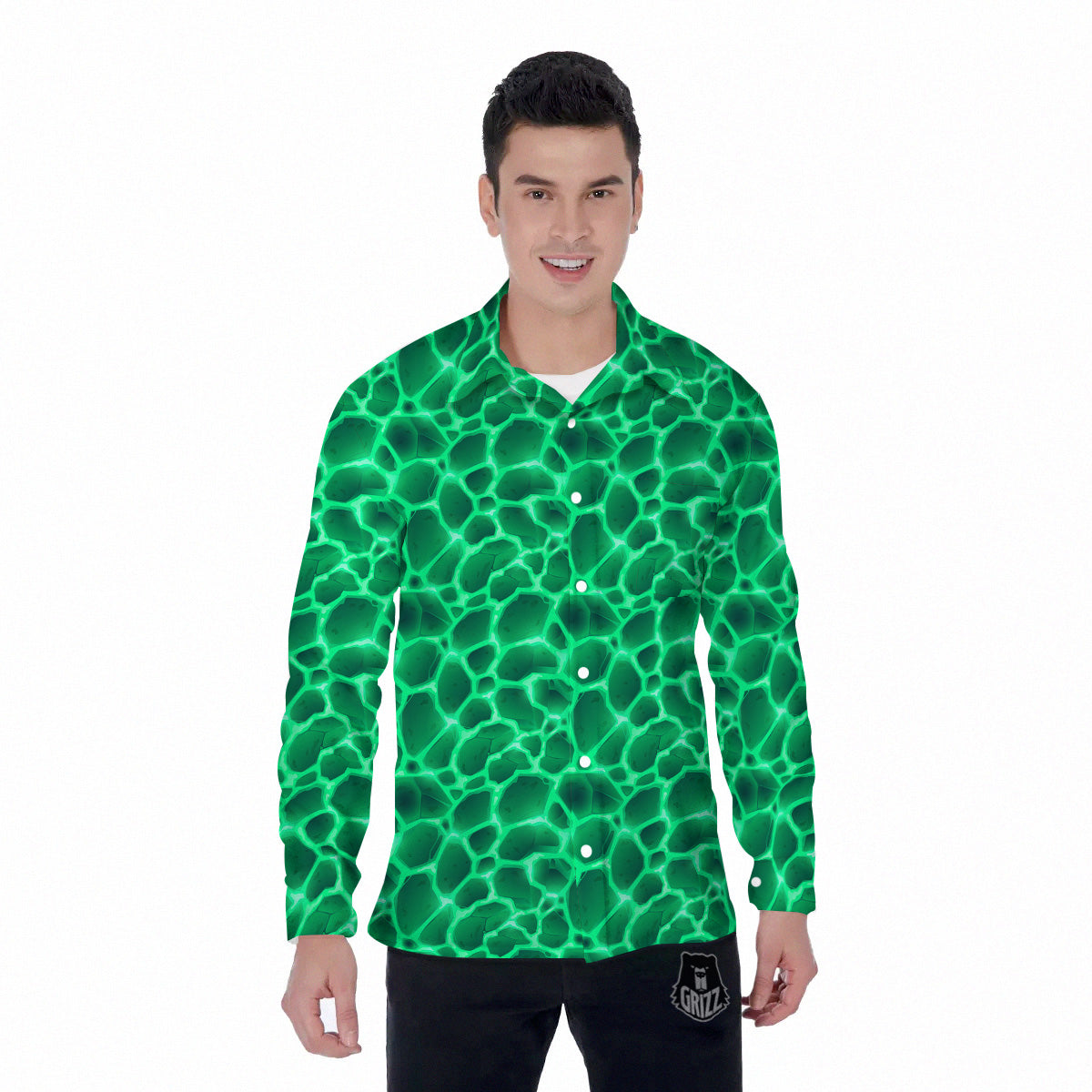 Liquid Lava Green Print Pattern Men's Long Sleeve Shirts-grizzshop