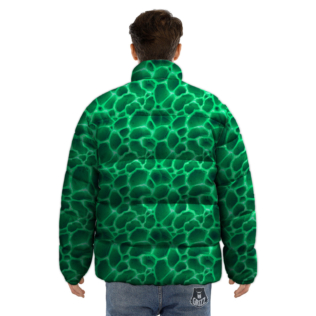 Liquid Lava Green Print Pattern Puffer Jacket-grizzshop