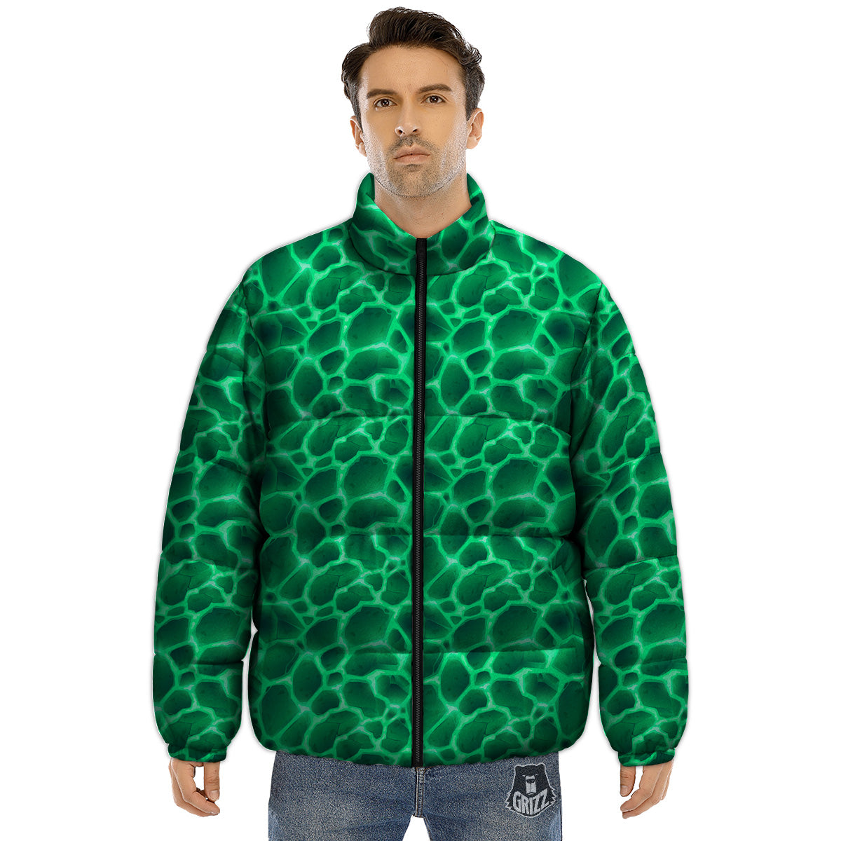 Liquid Lava Green Print Pattern Puffer Jacket-grizzshop