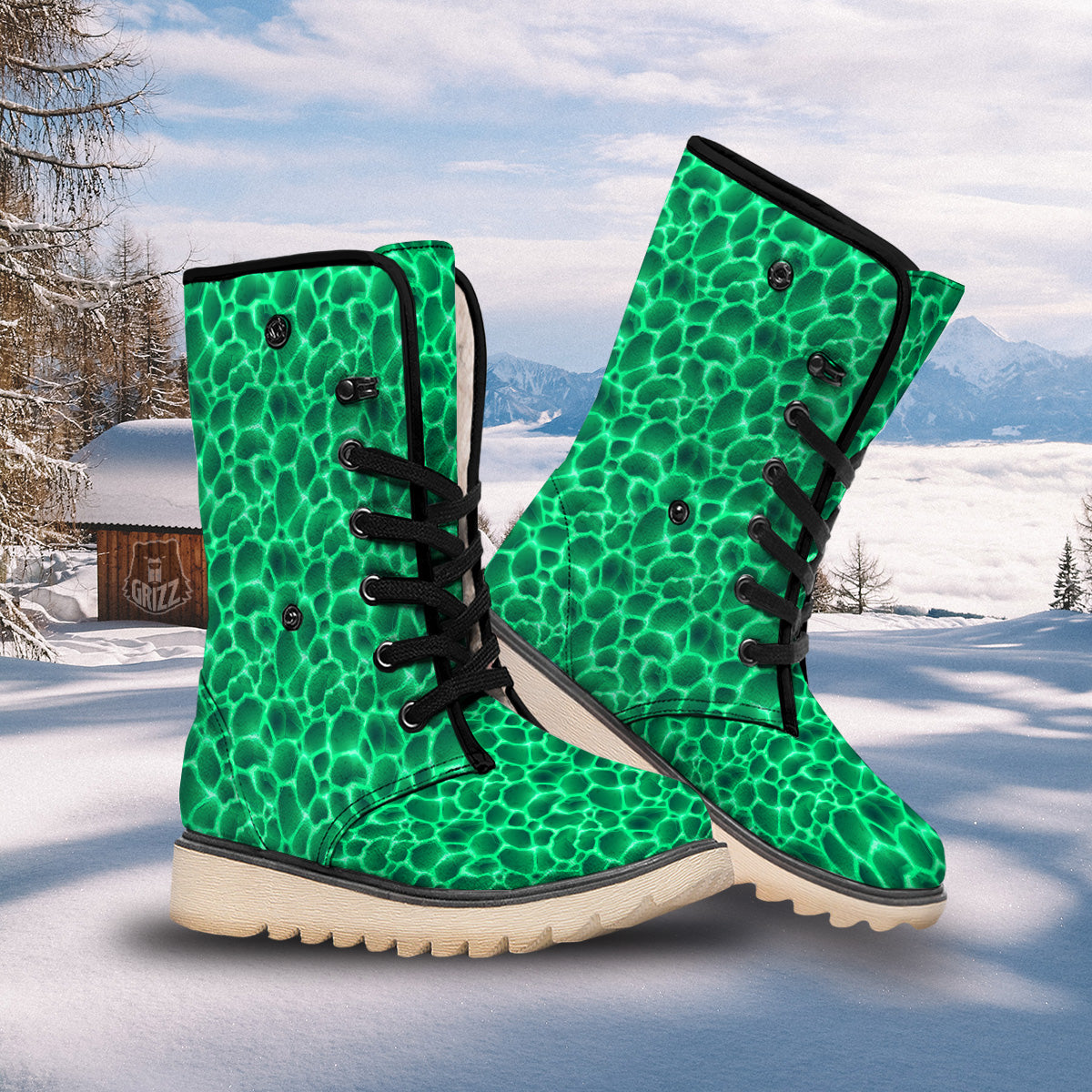 Liquid Lava Green Print Pattern Snow Boots-grizzshop
