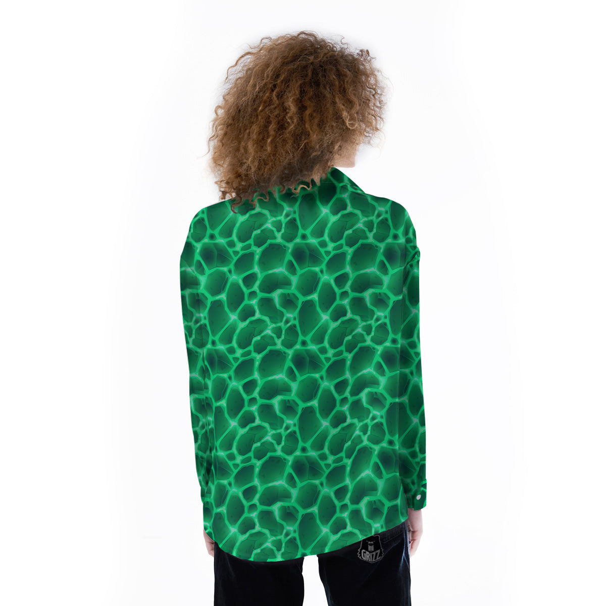 Liquid Lava Green Print Pattern Women's Long Sleeve Shirts-grizzshop