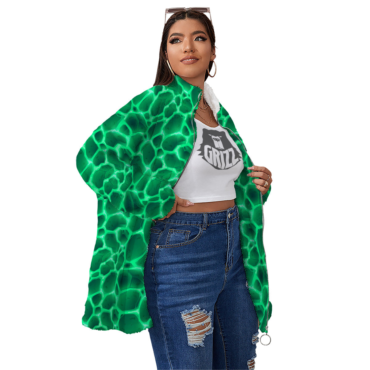 Liquid Lava Green Print Pattern Women's Sherpa Jacket-grizzshop